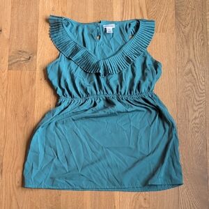 Pleated Ruffle Neck Teal Sleeveless Top